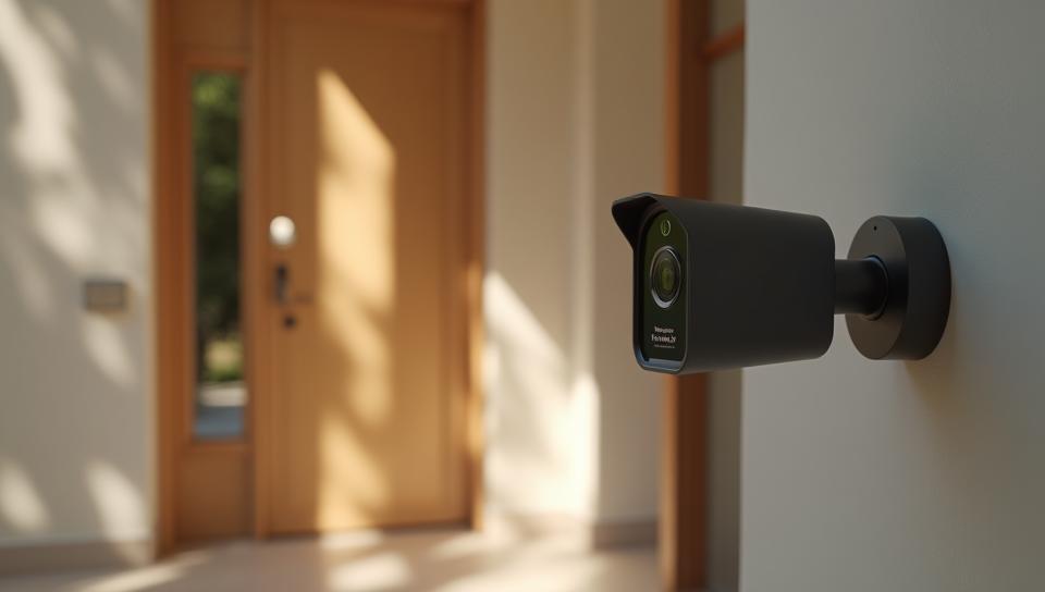 Security camera monitoring a smart home entrance, providing real-time alerts.