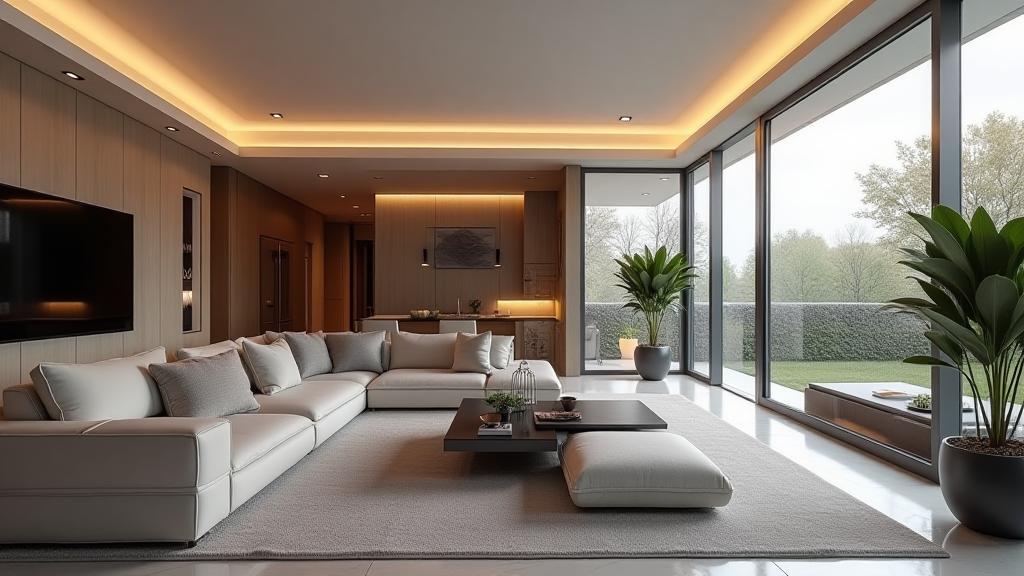 Modern smart home interior with integrated technology, featuring sleek design and ambient lighting.