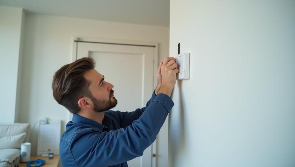 Professional technician installing smart home devices with precision and care.